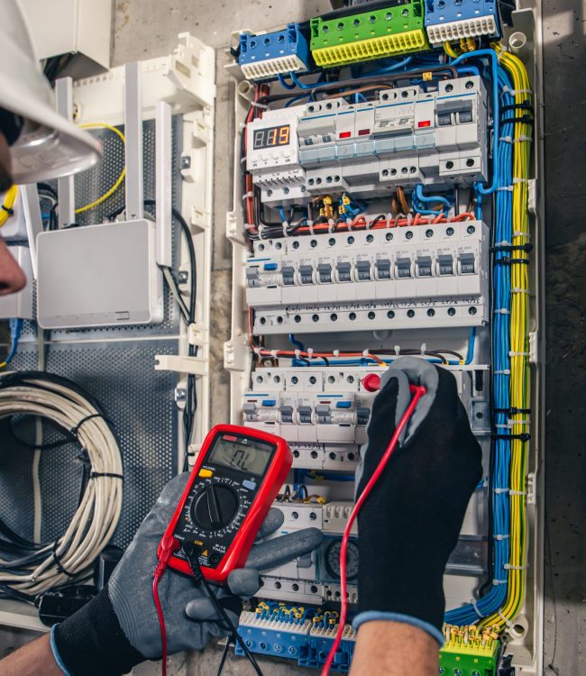 Man, an electrical technician working in a switchboard with fuses. Installation and connection of electrical equipment. Professional uses a tablet.